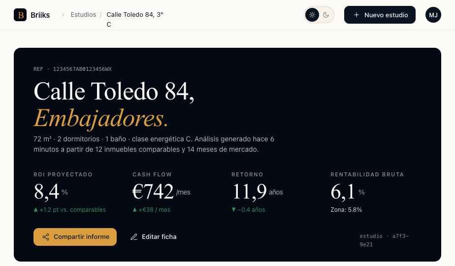 Informe de Briiks con ROI, cash flow y rentabilidad de un inmueble